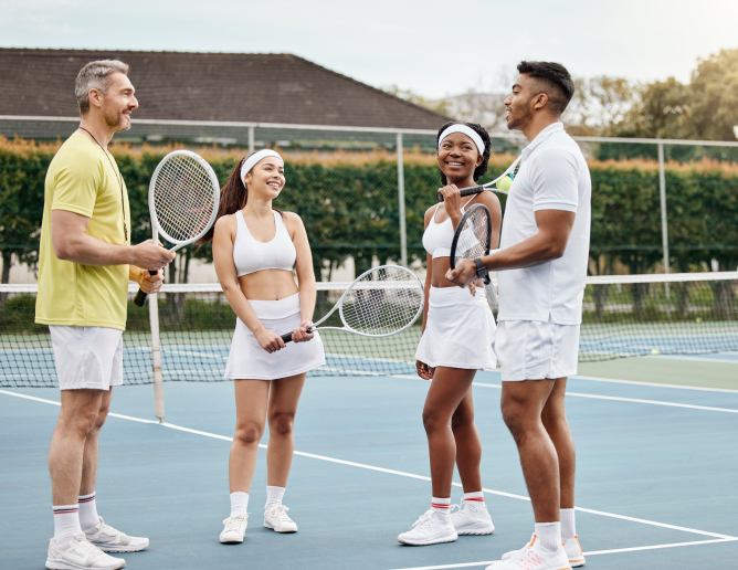 portrait group girls boy as tennis players holding tennis rackets against green grass outdoor court 1